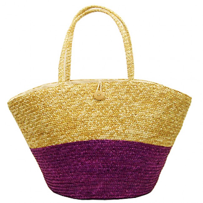 Straw Tote: Woven Wheat Straw Tote - 2 Tones - Purple - BG-R11053PL